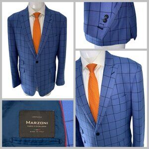 Marzoni Bespoke Blazer 42R Blue Windowpane Wool 2B 2V Surgeon Cuffs YGI V5-99